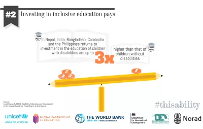 Infographic with an illustration of a weighing scale made out of pencils highlighting that investment in the education of children with disabilities are 3 times higher than those without disabilities