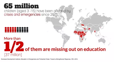 Infographic with a world map and highlighted countries showing where children are missing out on education as a result of crises and emergencies