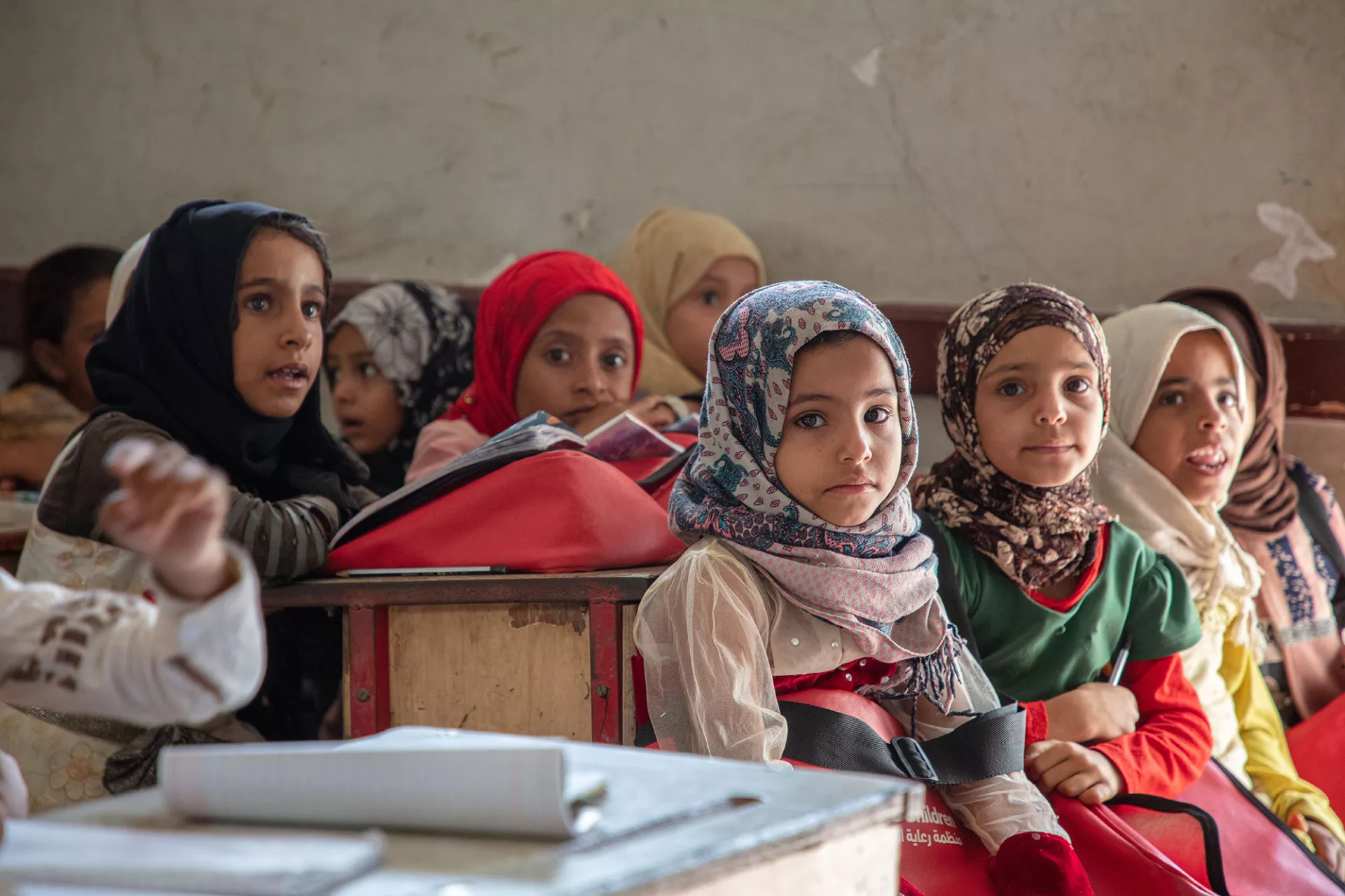Little girls in Al-Hamzi in their class in Al-Hamzi school, Hajjah, Yemen, 2021.