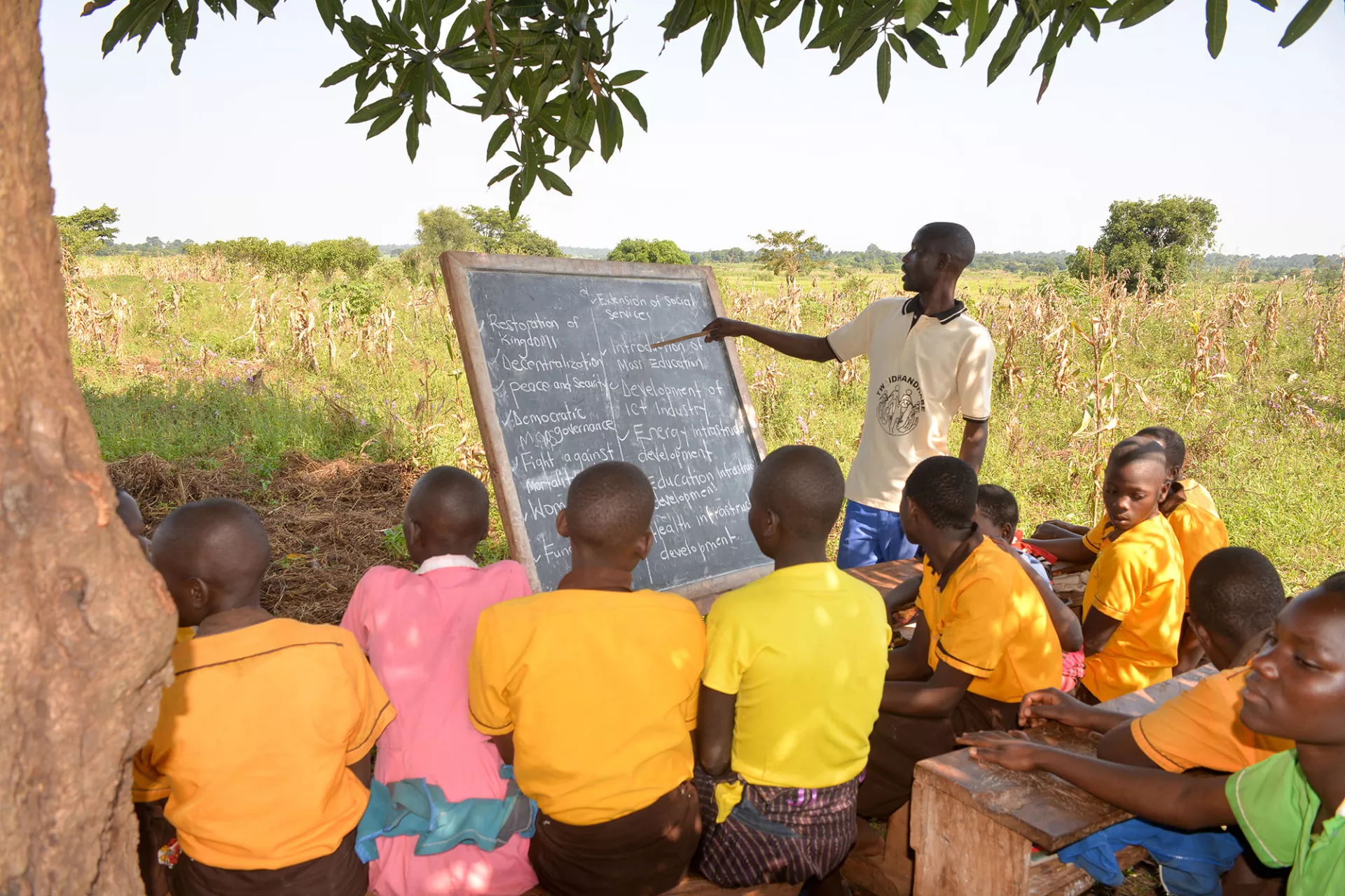 Pupils of New Grace Primary School in Uganda study under a mango tree, 2022.